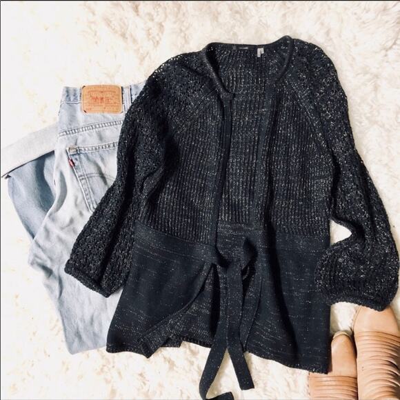 NEW TAHARI Black Gold Open Weave Tie Front Bell Sleeve Cardigan Sweater Medium - Picture 3 of 7